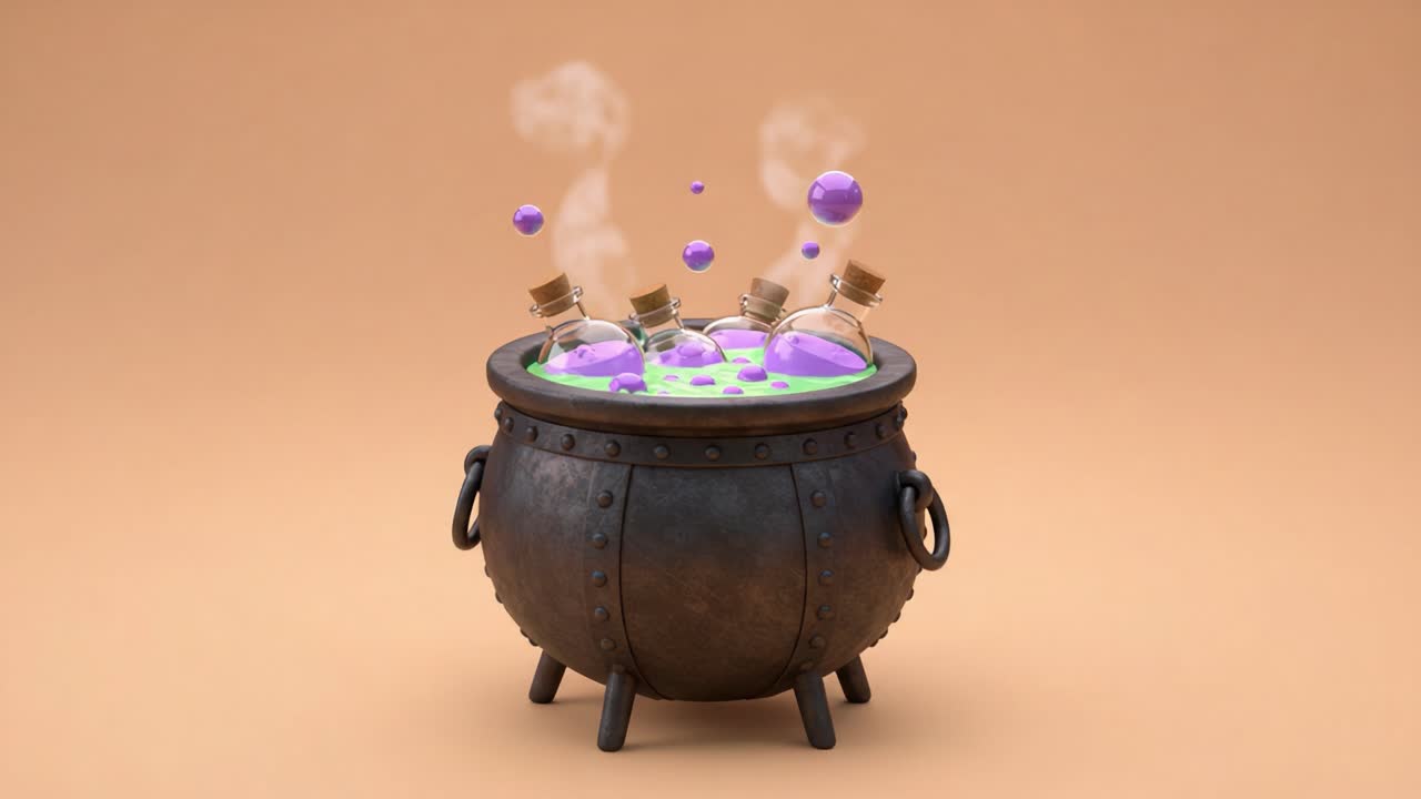A Mysterious Cauldron Bubbling with Colorful Potions, Emitting Wisps of Steam and Bubbles, Perfect for Enigmatic Witchcraft and Fantasy Scenes