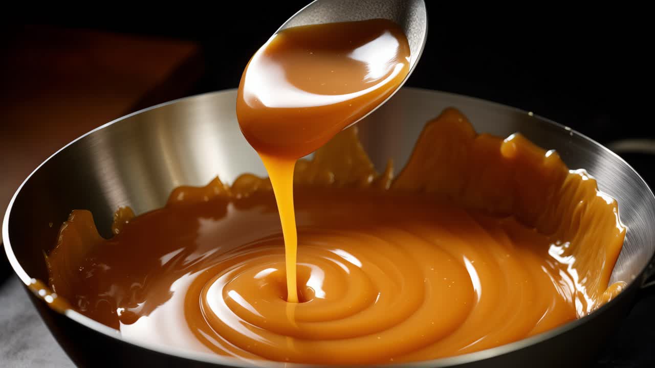 Metal spoon is pouring a thick and creamy caramel sauce into a stainless steel bowl, creating a swirling pattern and showcasing the rich texture of the confection