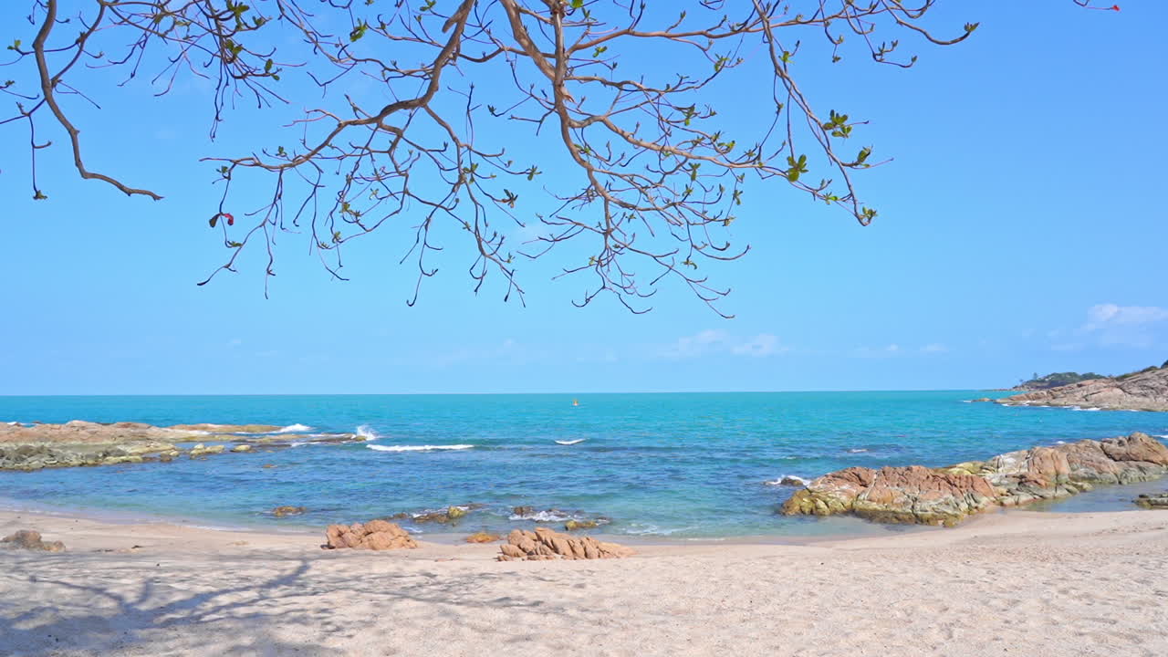 바위가 많은 열대 해변의 모래사장을 파도가 친다