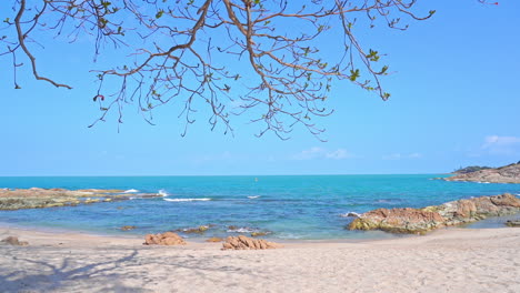 las olas lamen las orillas arenosas de una playa tropical rocosa