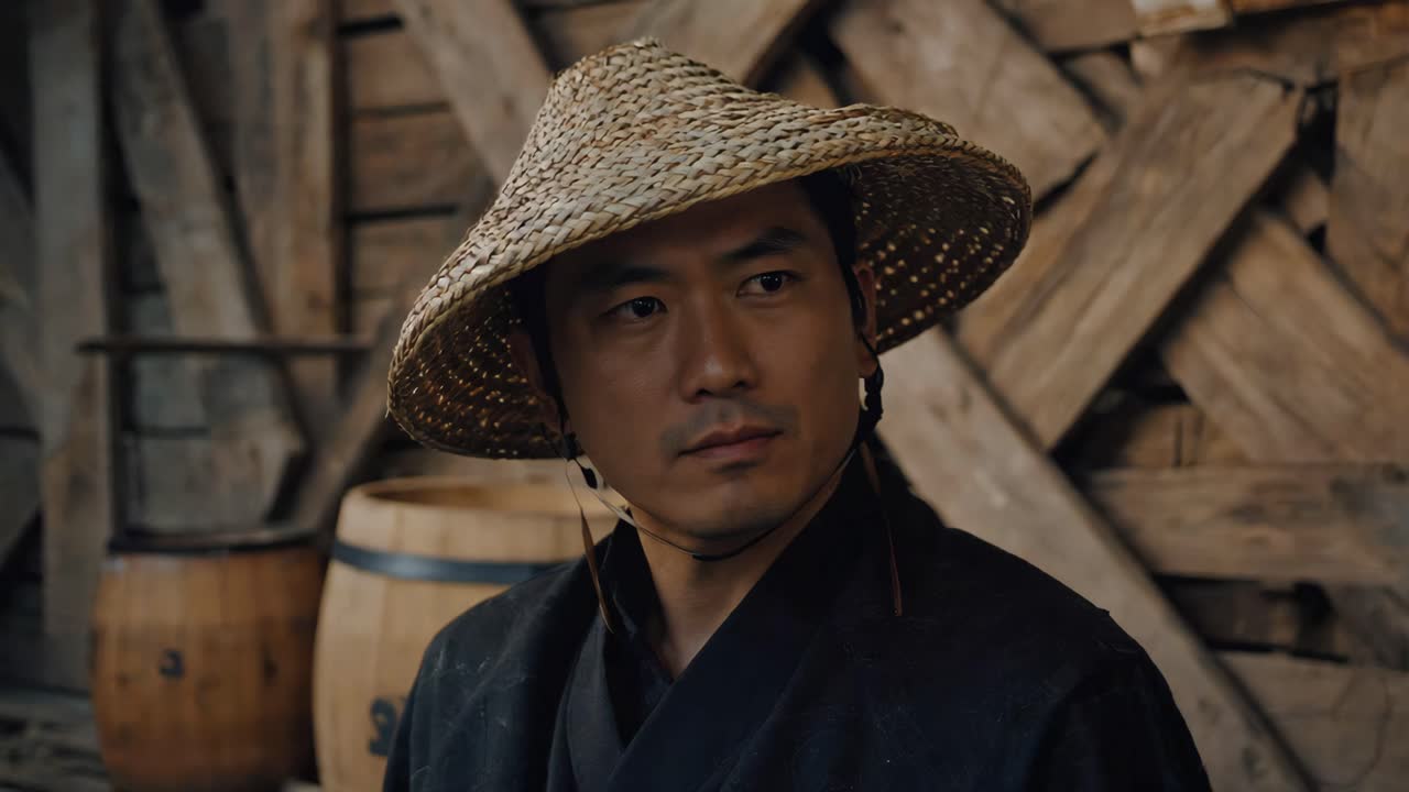 Asian man in straw hat