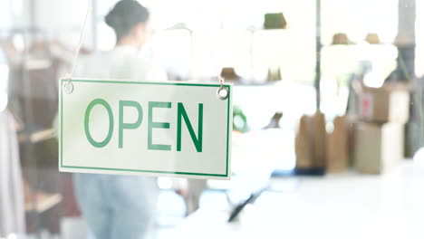 happy woman, hands and open sign on window