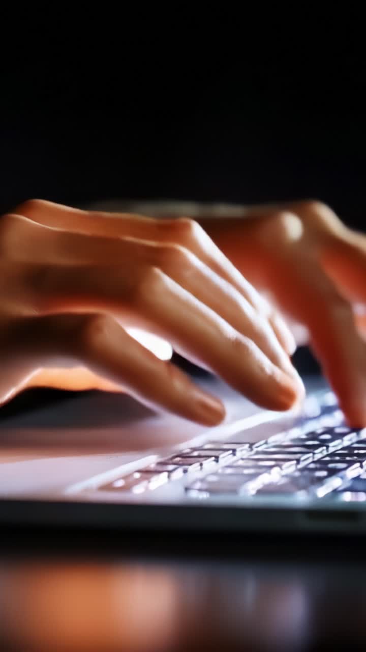 Close-up of Hands Typing on a Laptop Keyboard in Low Light Conditions, Highlighting the Motion and Focused Intensity of Digital Interaction and Communication