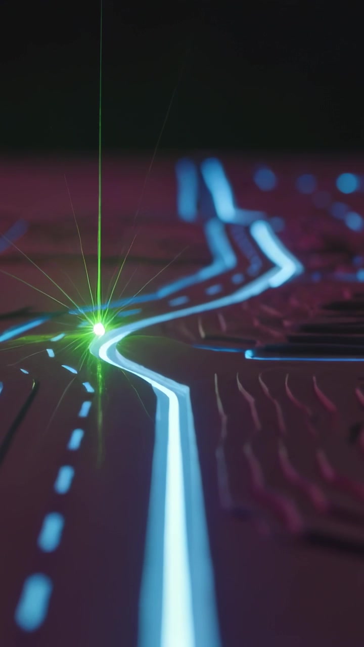 Video verticale: Un indicatore luminoso verde inizia a scansionare un percorso neon ciano in uno studio, rivelando la topografia.