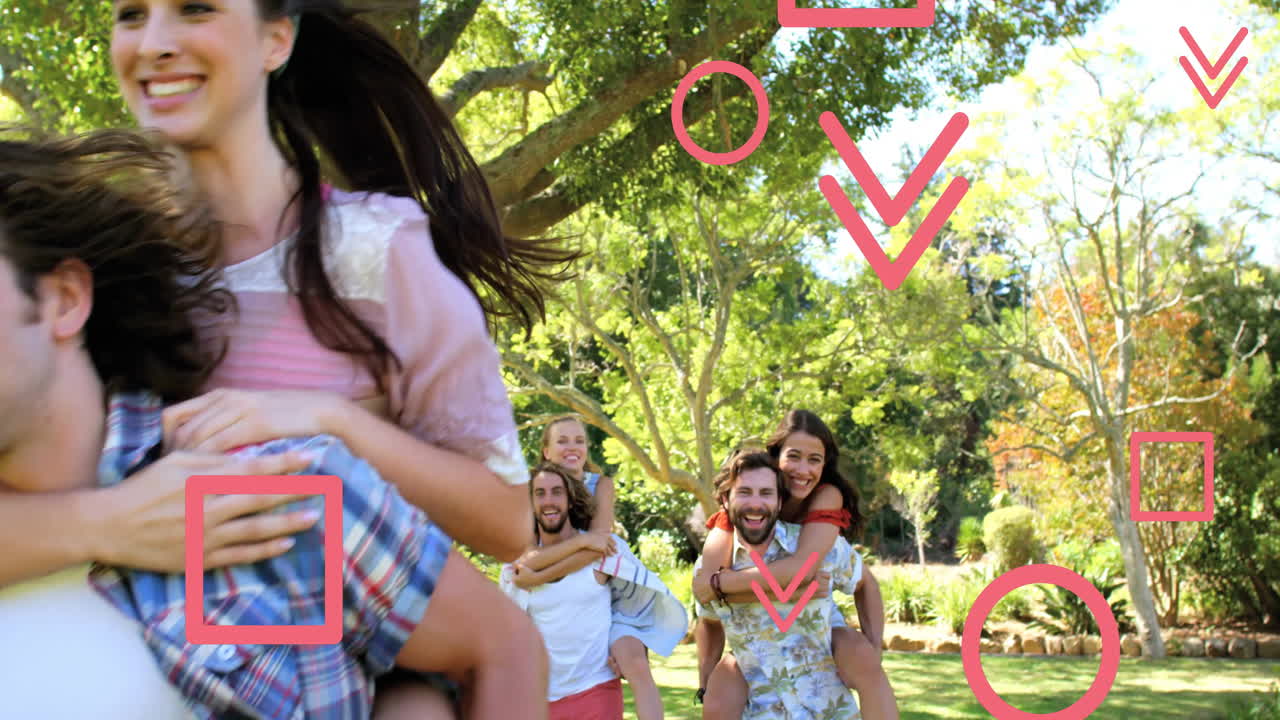 Group of friends giving piggyback rides in sunny garden, with floating health icons and data charts