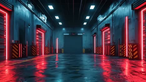 a large warehouse with red lights on the walls