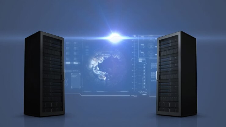 Animation of data processing globe spinning on screen between computer servers on blue background