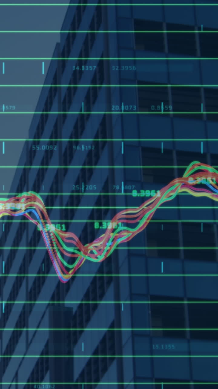 animación del procesamiento de datos financieros en un bloque de oficinas moderno