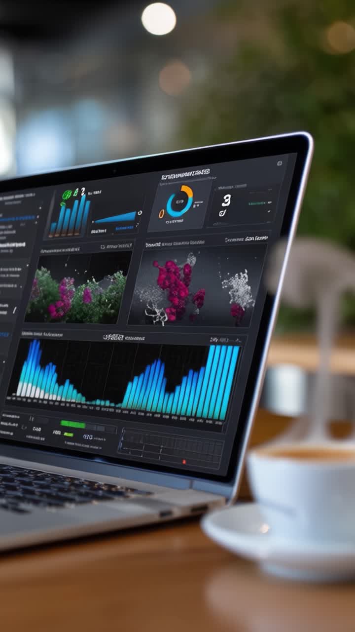 Detailed Analytics Dashboard Displaying Data Visualizations and Performance Metrics on a Laptop with a Coffee Cup in a Modern Workspace Setting