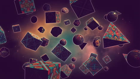 vibrant patterned geometric shapes floating in a cosmic abstract background