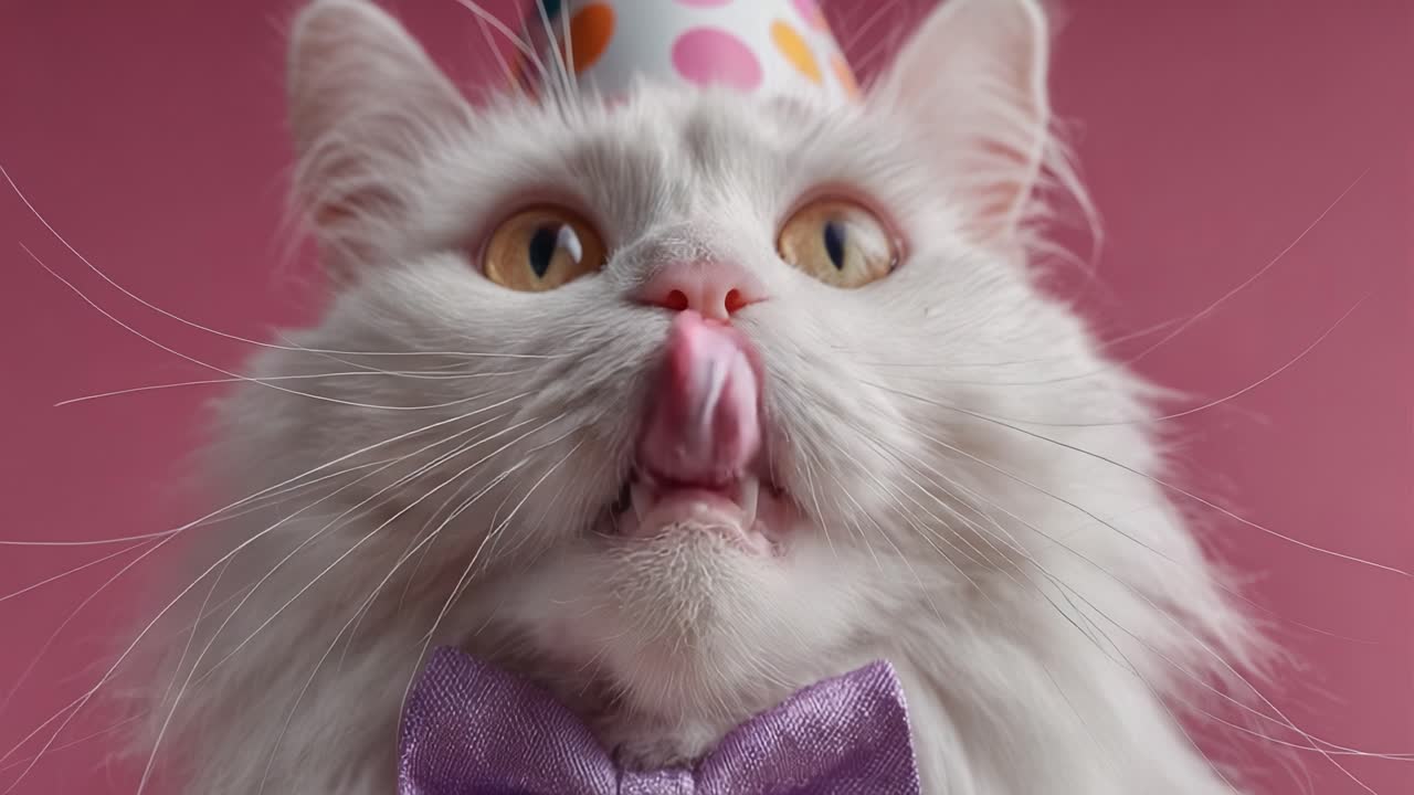 A Playful White Persian Cat in a Party Hat and Bow Tie Captures Joy and Whimsy with Its Adorable Expressions Against a Vibrant Pink Background