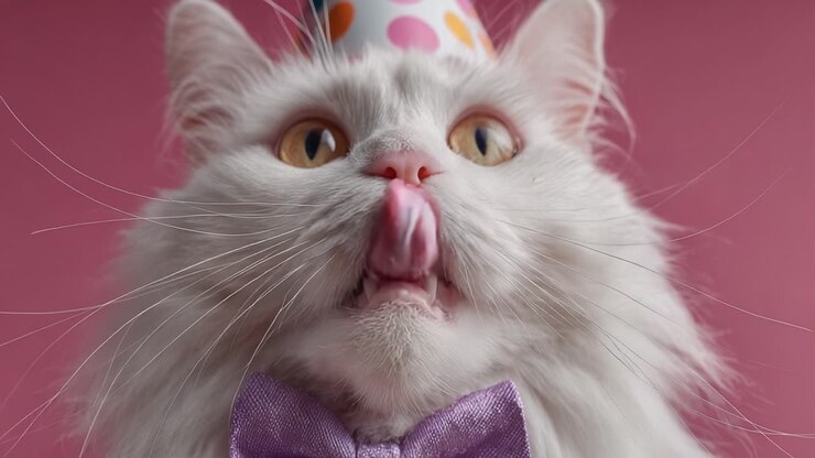 Un giocoso gatto persiano bianco con cappellino da festa e papillon cattura la gioia e la fantasia con le sue adorabili espressioni su uno sfondo rosa vivace