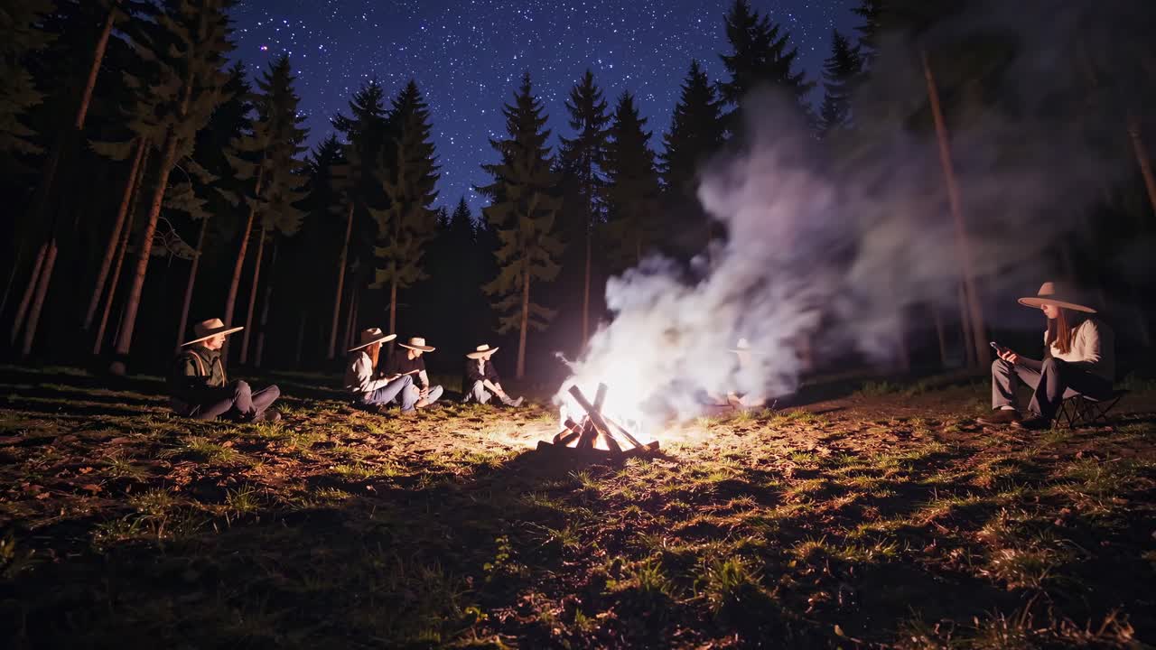 Amici intorno a un falò notturno sotto le stelle