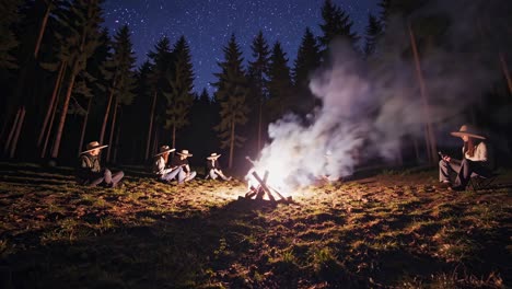 friends enjoying a nighttime campfire under the stars