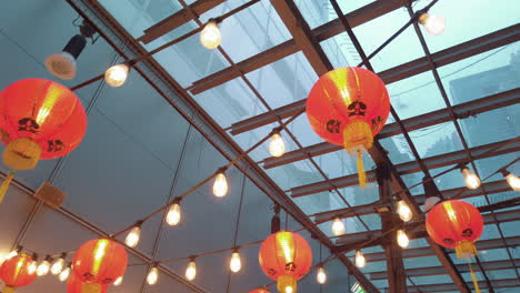 Traditional-Red-Chinese-Lanterns-To-Celebrate-The-Chinese-Lunar-New-Year---low-angle-shot