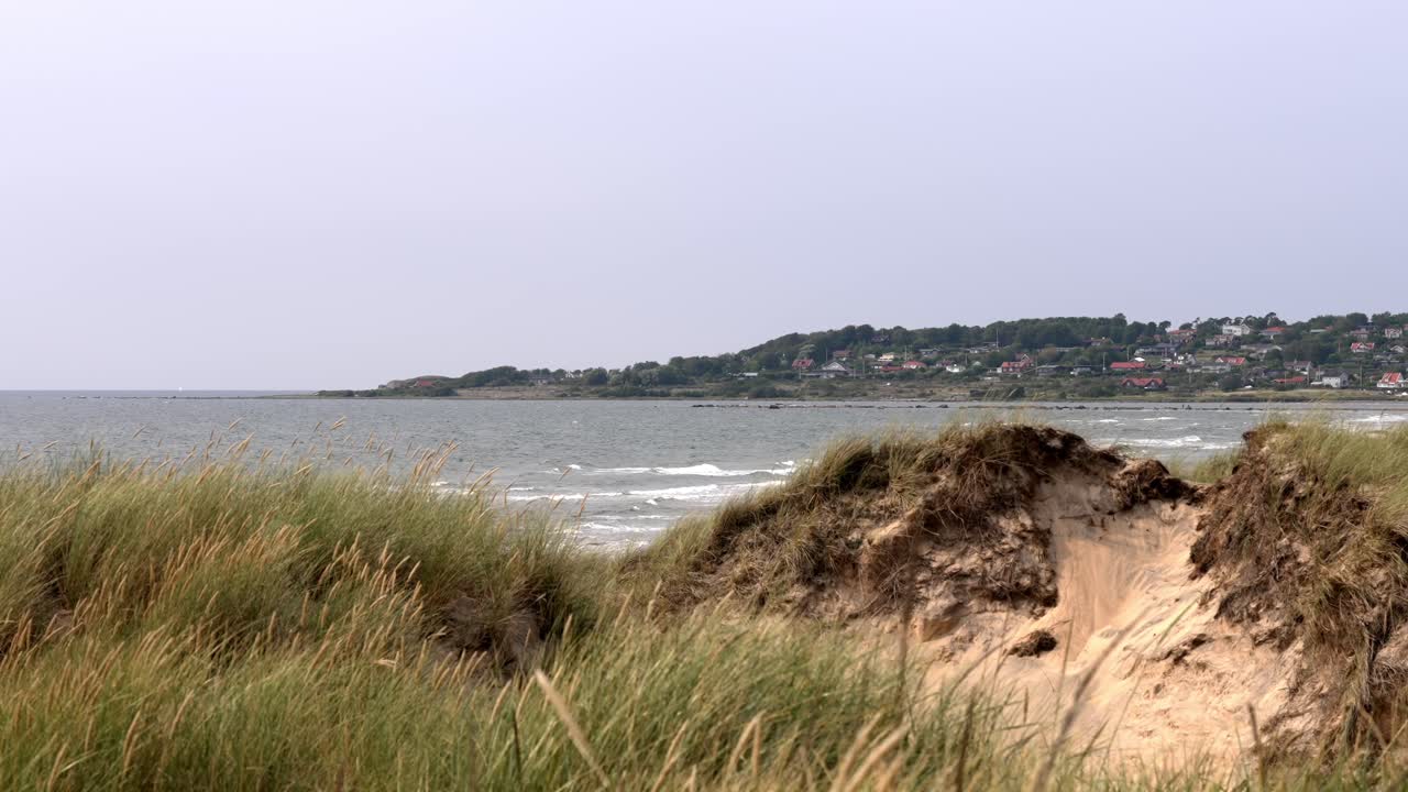 A serene Swedish beach with the sun rising over tall grass on the left and a sandy path on the right. Ocean waves roll in the middle distance, with a distant peninsula visible in the background.