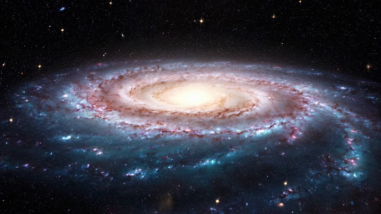 Kozmik güzelliği sergileyen, yukarıdan aşağıya açıyla çekilmiş sarmal galaksi. Uzay videosu için ideal. Canlı masaüstü.