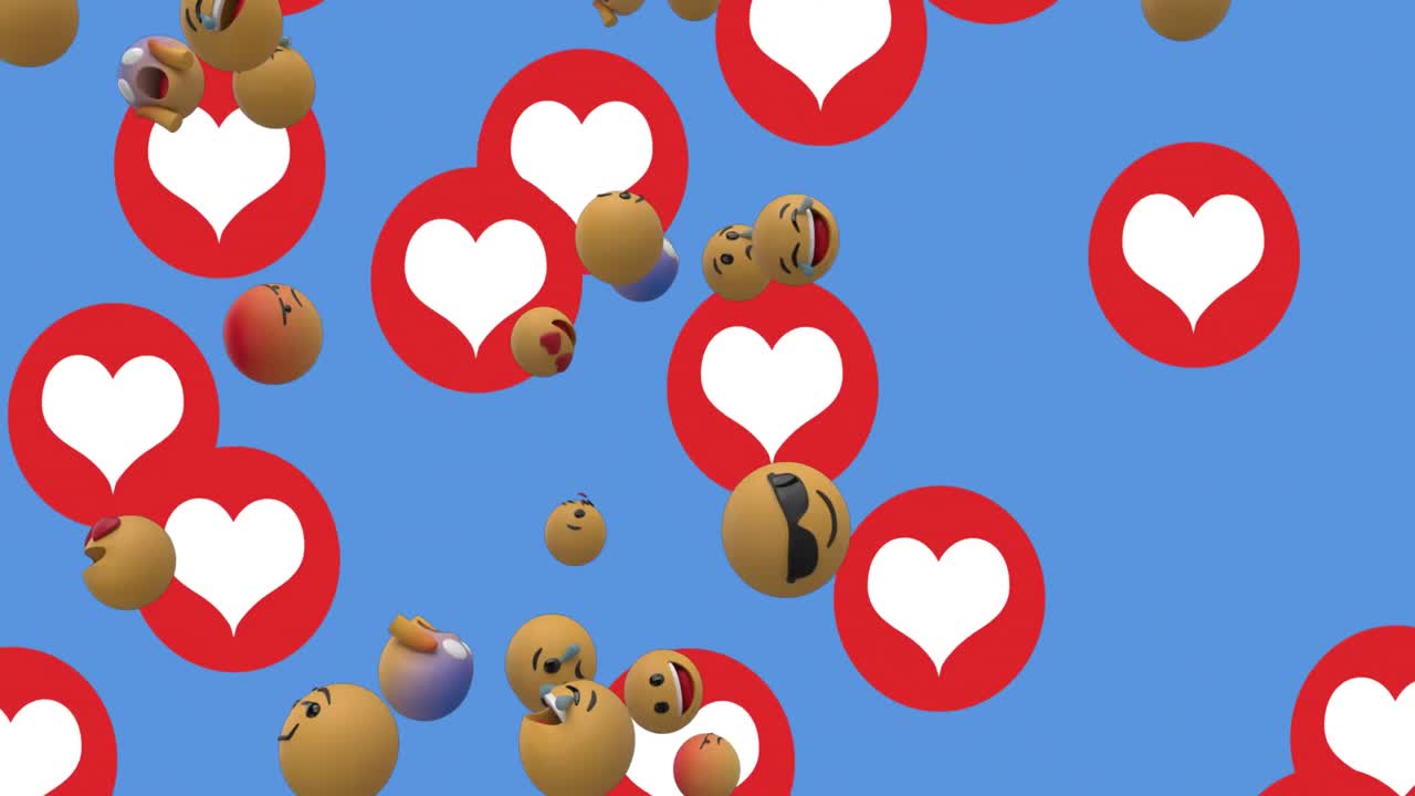 varios emojis de cara e iconos de corazón flotando contra un fondo azul