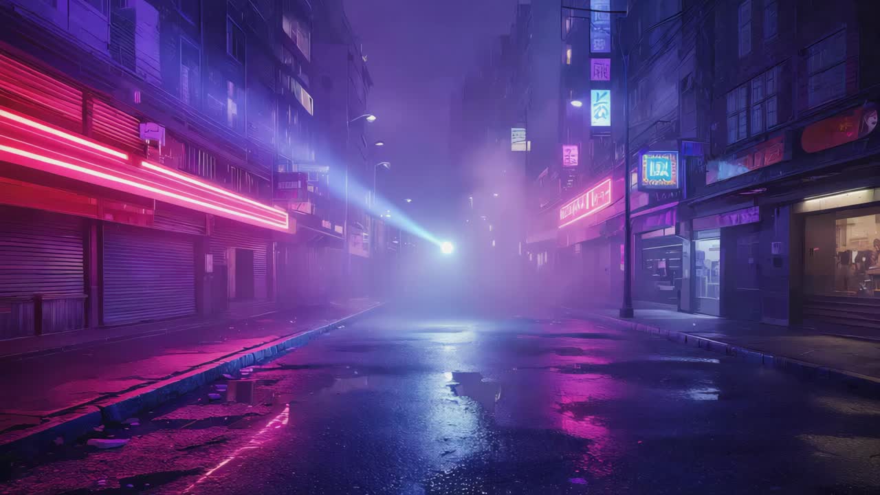 Neon Lit City Street at Night