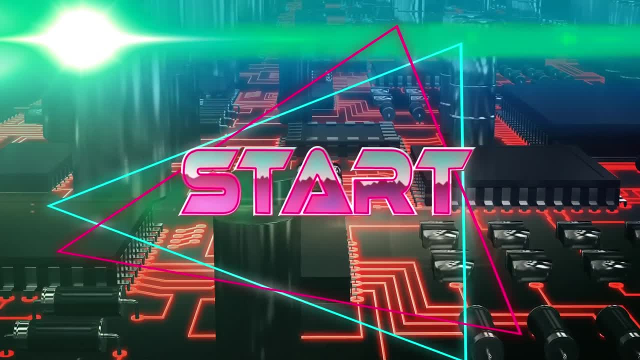 빨간색과 검은색 컴퓨터 메인보드에 네온 라인을 통해 분홍색 금속 텍스트 시작의 애니메이션