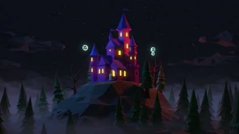 a mystical castle shrouded in night, surrounded by dark forest and fog, highlighting enchantment and mystery with its colorful lights and intriguing atmosphere