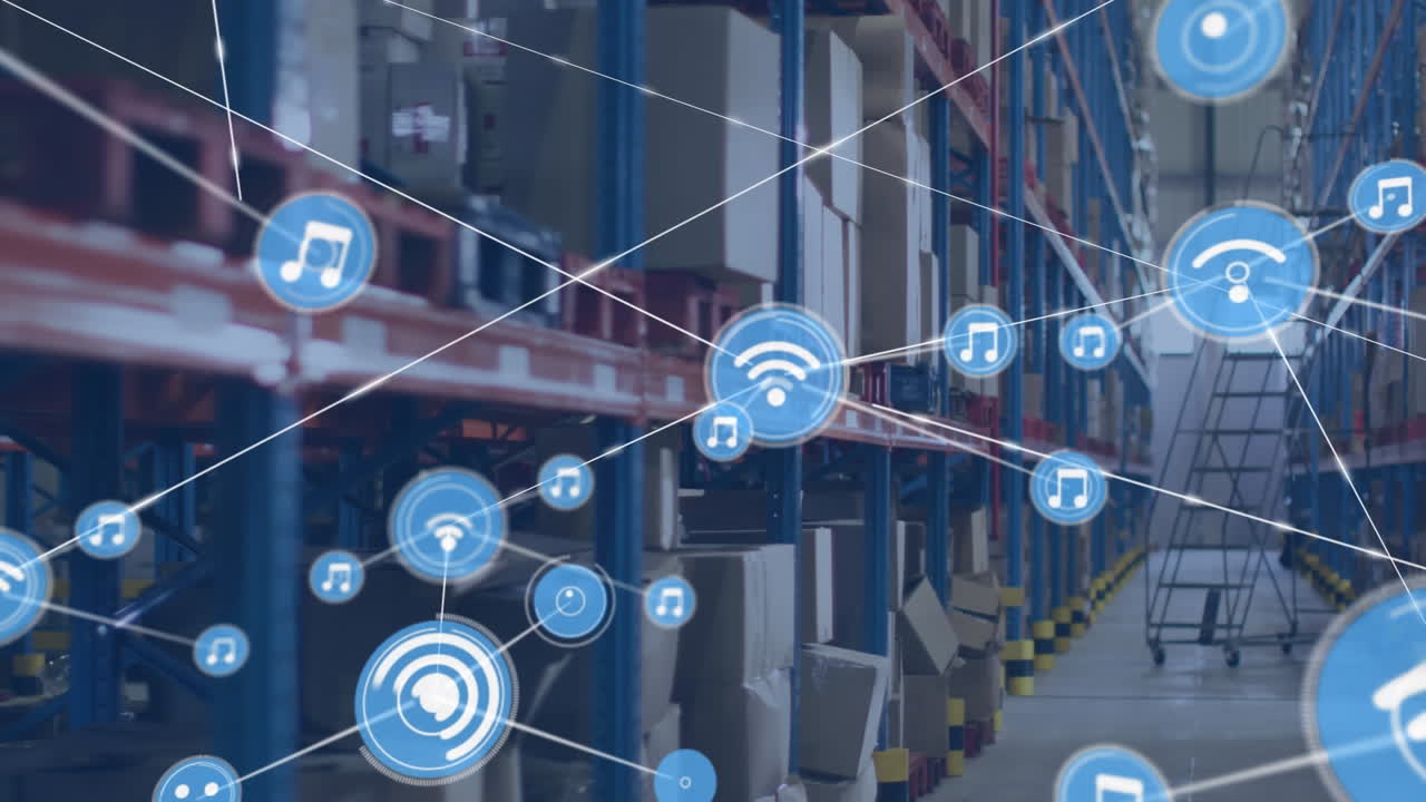 animación de la red de conexiones con iconos sobre el almacén