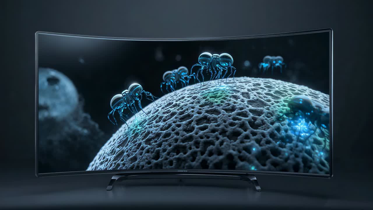 TV curva in riproduzione che mostra un paesaggio CGI in uno studio buio, animazione con organismi blu che si spostano.