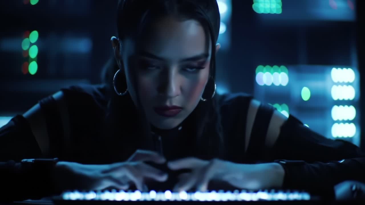 Focused Female Hacker Engaged in Intense Coding Session Surrounded by High-Tech Equipment and Dynamic Lighting