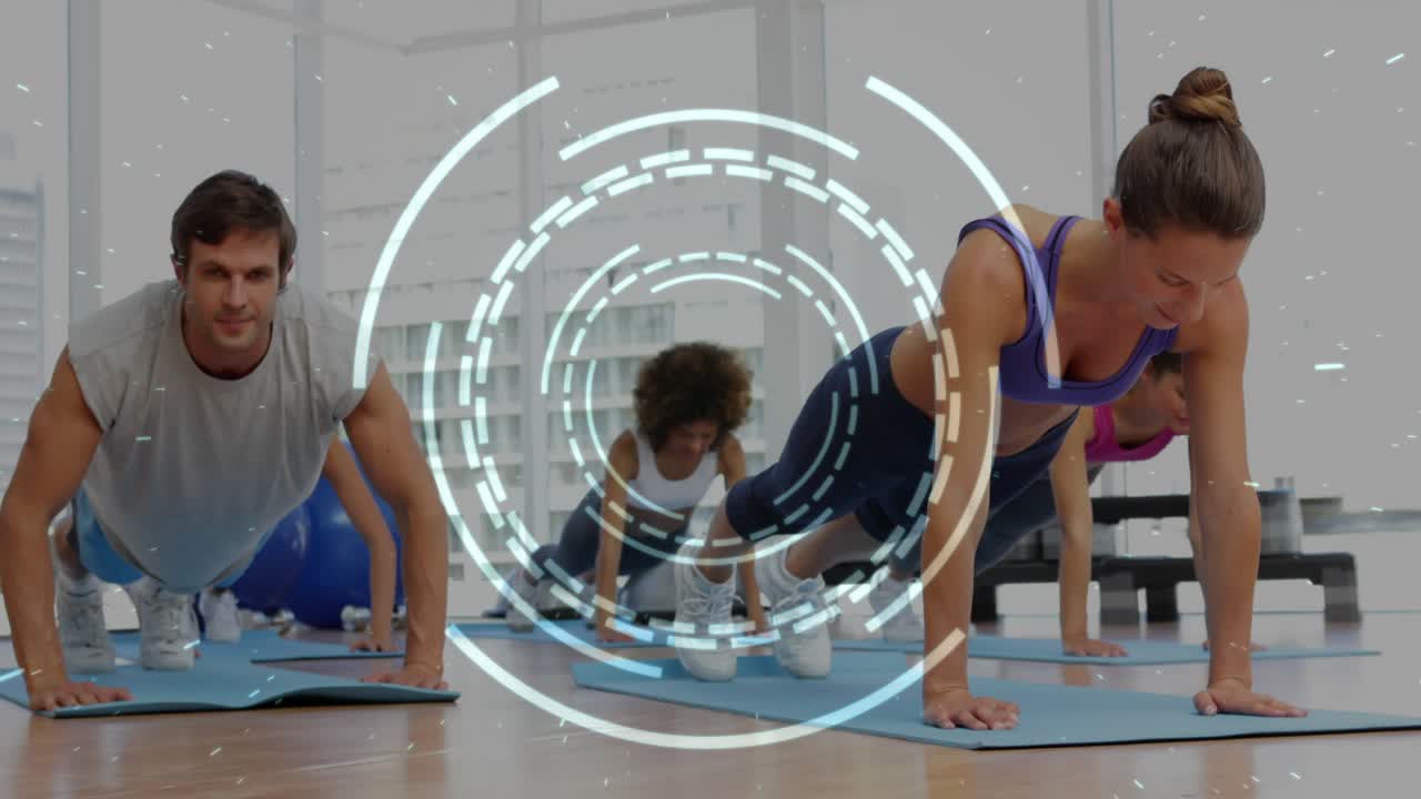 Trio responding to HUD appearing doing steady push-ups on blue mats, building fitness