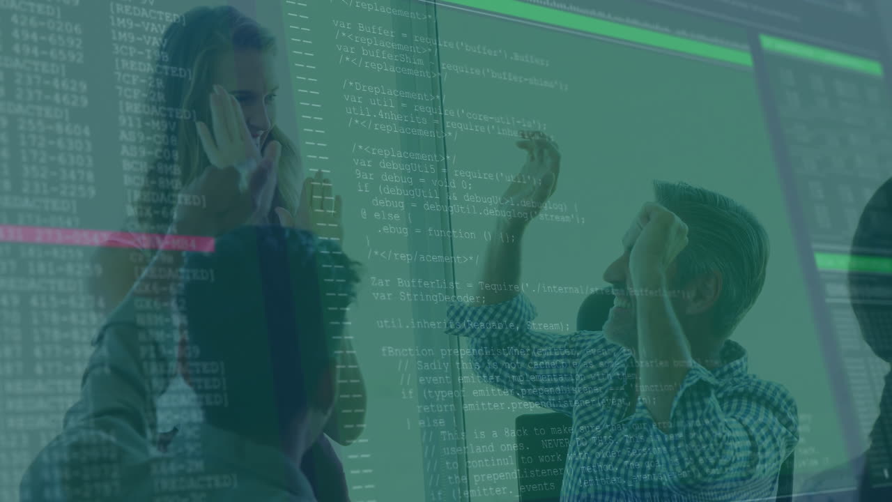 People celebrating success over computer code and data processing animation