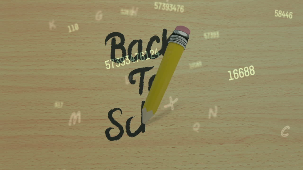 나무 바탕에 학교로 돌아가는 텍스트와 숫자를 가진 연필의 애니메이션