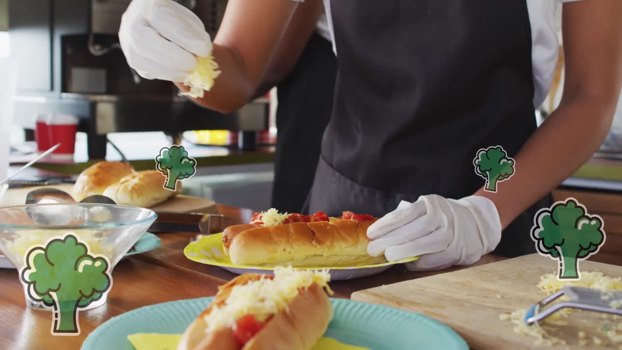 고객 을 위해 음식 을 준비 하는 여성 식품 판매자 위 에 있는 브로콜리 의 애니메이션