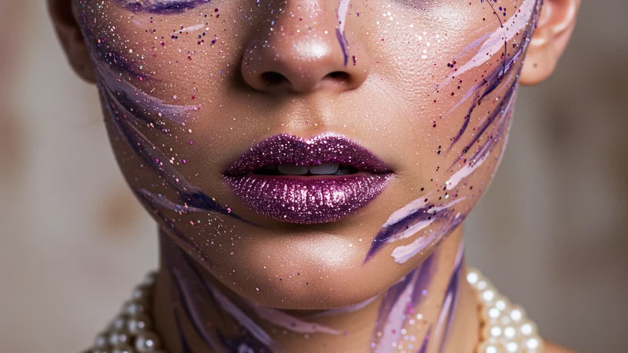 Captivating Close-Up of a Glamorous Model Featuring Stunning Glitter Makeup and Artistic Face Paint with Pearls, Showcasing Unique Beauty and Creativity