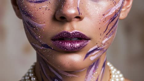 captivating close-up of a glamorous model featuring stunning glitter makeup and artistic face paint with pearls, showcasing unique beauty and creativity
