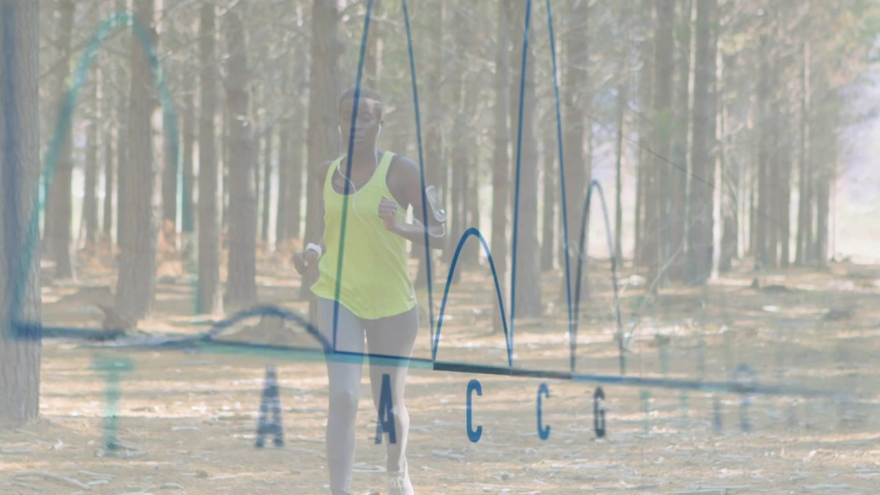 Woman jogging toward camera, starting genomic graph overlaying torso and showing fitness data