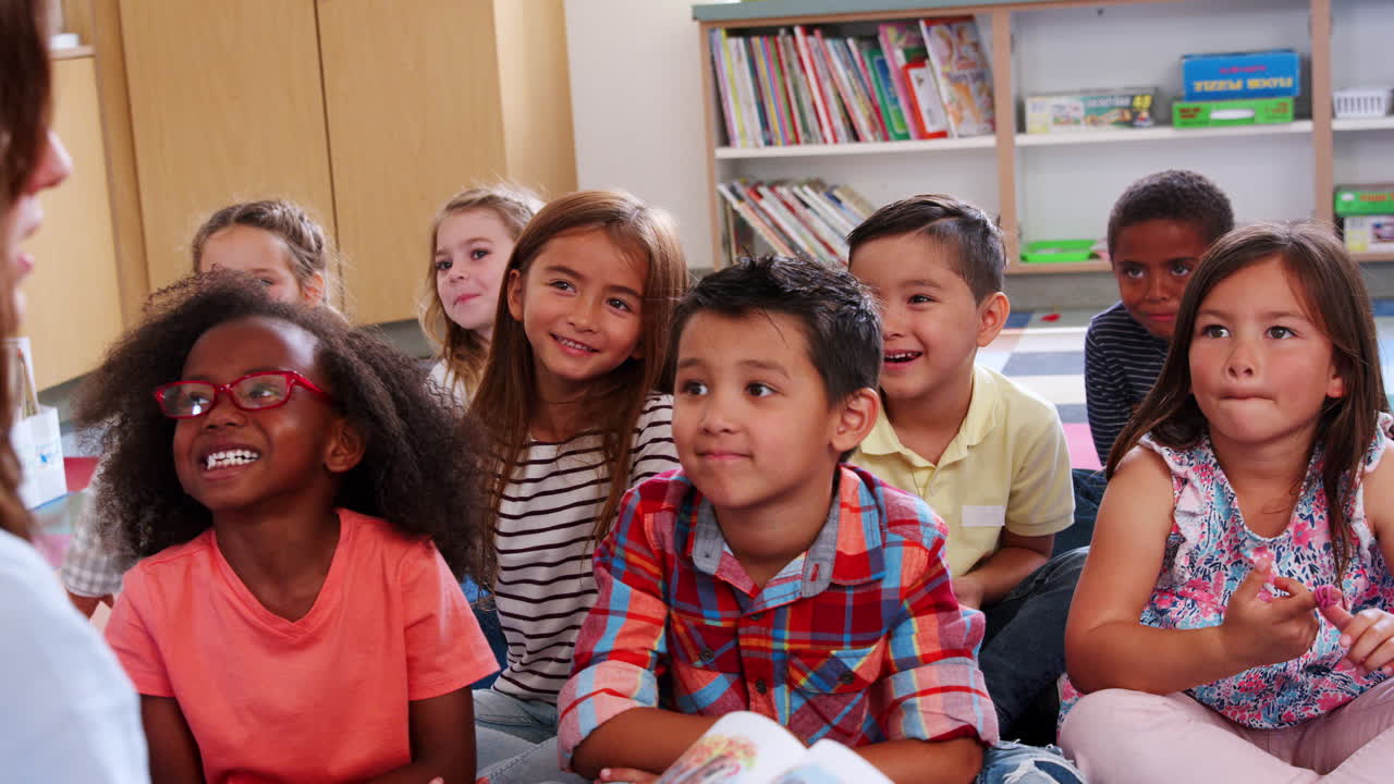 Elementary school pupils sitting on floor smiling to teacher
