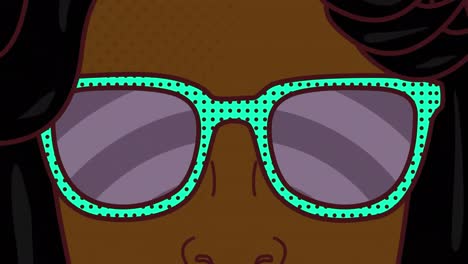 Animation-Einer-Frau-Mit-Sonnenbrille-Vor-Strahlen-In-Nahtlosem-Muster-Auf-Violettem-Hintergrund