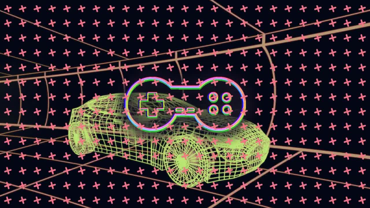 검은색 배경에 디지털 자동차 위에 모양과 게임 패드 아이콘의 애니메이션.