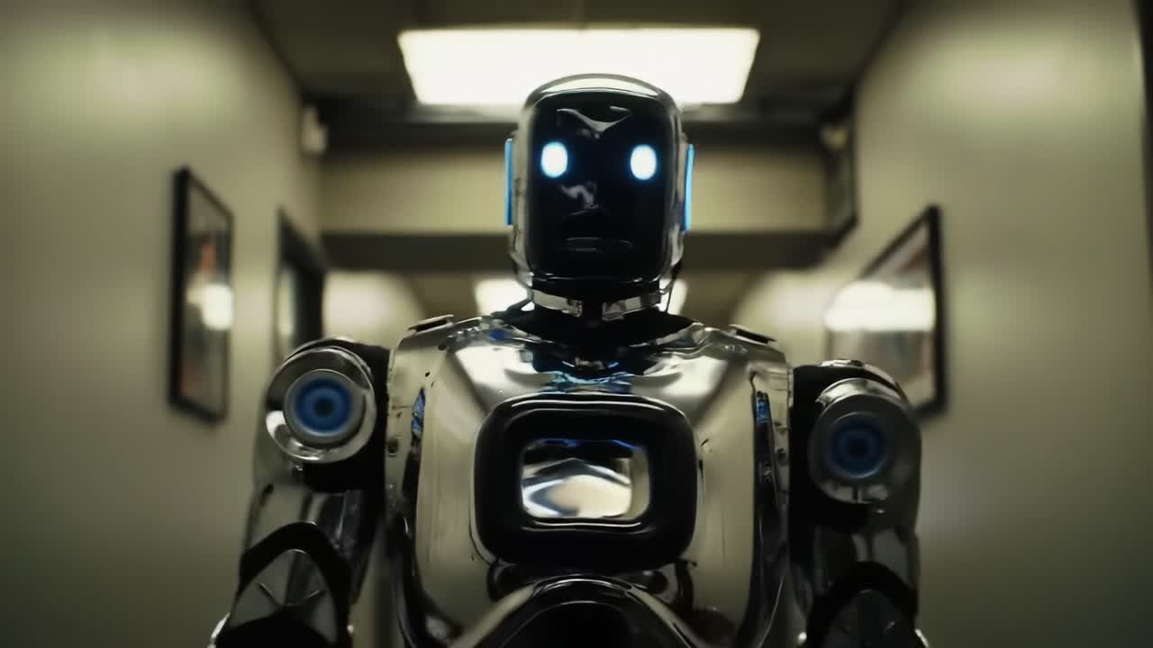 A Stunning Metallic Robot Stands in a Hallway, Featuring Illuminated Blue Eyes and a Polished Silver Surface, Capturing the Essence of Advanced Robotics and Future Technology