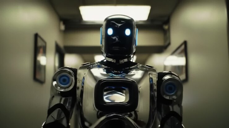 Uno splendido robot metallico si erge in un corridoio, con occhi blu illuminati e una superficie argentata lucida, catturando l'essenza della robotica avanzata e della tecnologia futura