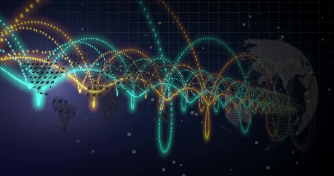 On globe emerging, teal and yellow dot streams pulsing and arcing across grid, forming data network