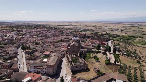 Aerial:-Spain-Oropesa's-Jesuit-College,-historic-site-with-a-monumental-church