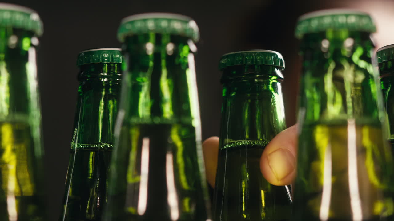 Row of beer bottles in fridge, shop or hotel, cold lager craft german beer or cider, shop supermarket or wine cooler close up.
