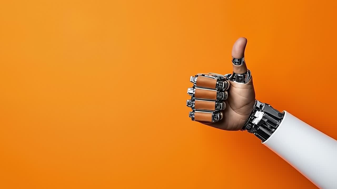 A robotic hand giving a thumbs up on an orange background