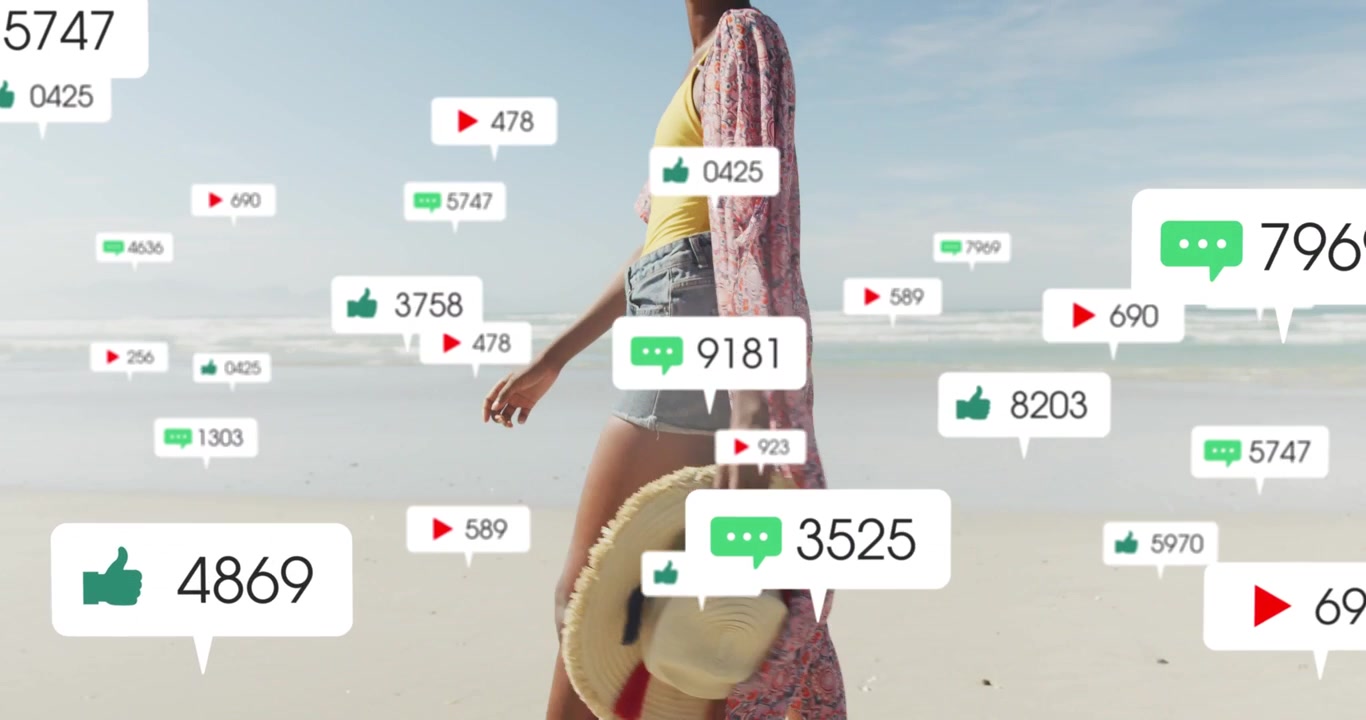 Woman walking shore movement sparking social notifications around hat and kimono showing engagement