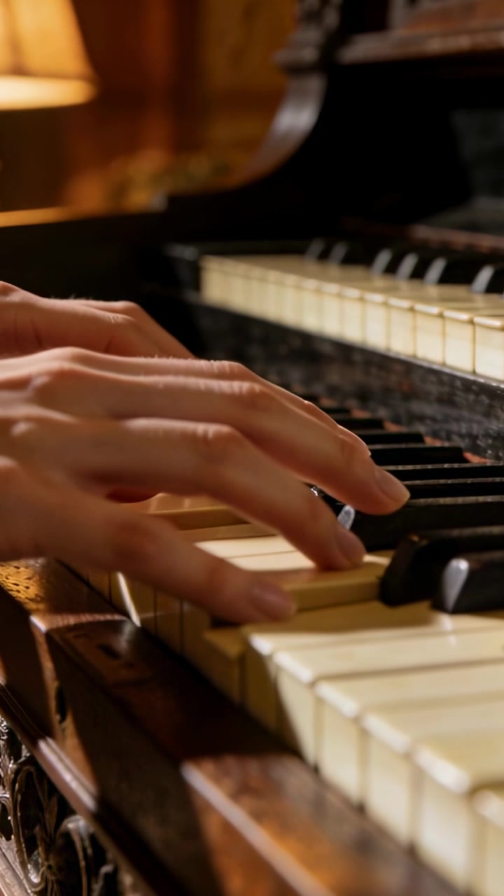 Vertical video: Entering from left pianist's hands playing brief phrase on parlor piano by lamp