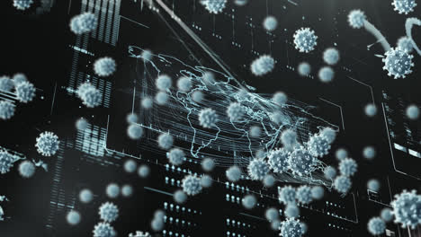 digital animation of multiple covid-19 cells floating over digital interface with data processing