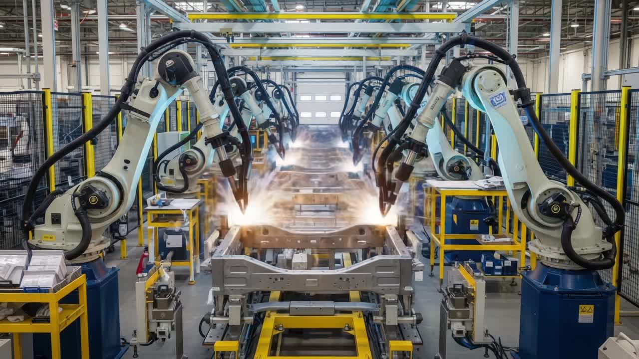 Advanced Robotic Automation in a Modern Manufacturing Facility: Showcasing Precision Welding Processes with Robotic Arms Working on Vehicle Frame Assembly