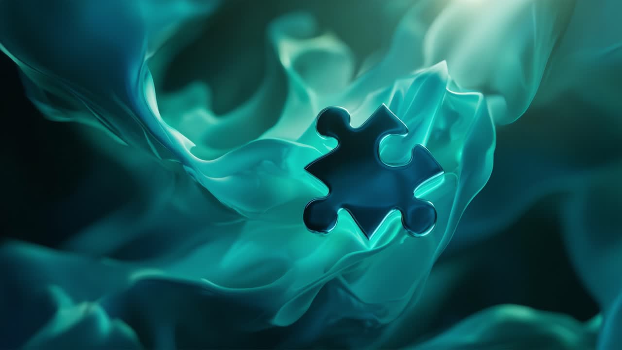 Single reflective jigsaw puzzle piece slowly rotating and descending through a mystical, ethereal teal and turquoise environment, symbolizing the last step, a crucial discovery, or a final solution
