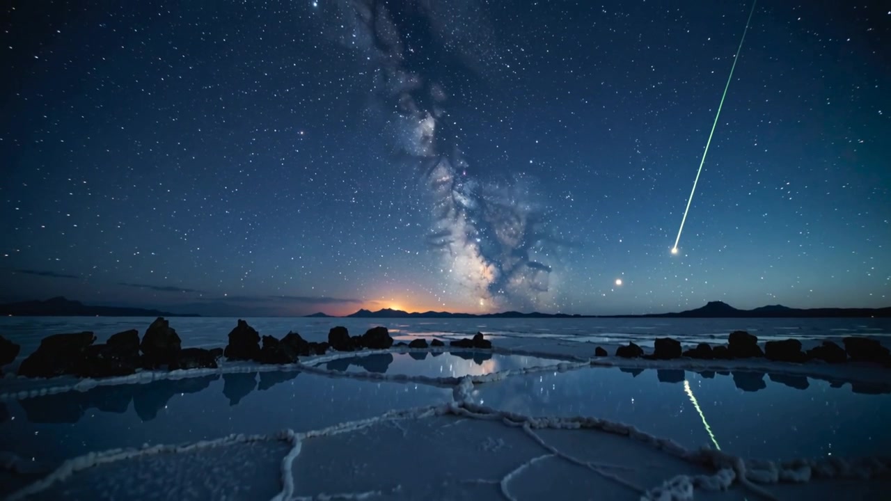 Filming camera capturing Milky Way and salt-flat mirroring meteor streaking, recording sky at night